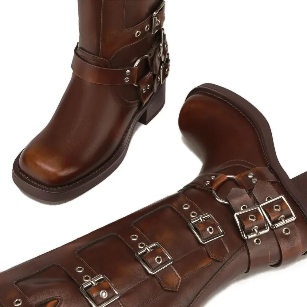 Women's Polyurethane Brown Squared Toe Knee High Tall Riding Motorcycle Boots